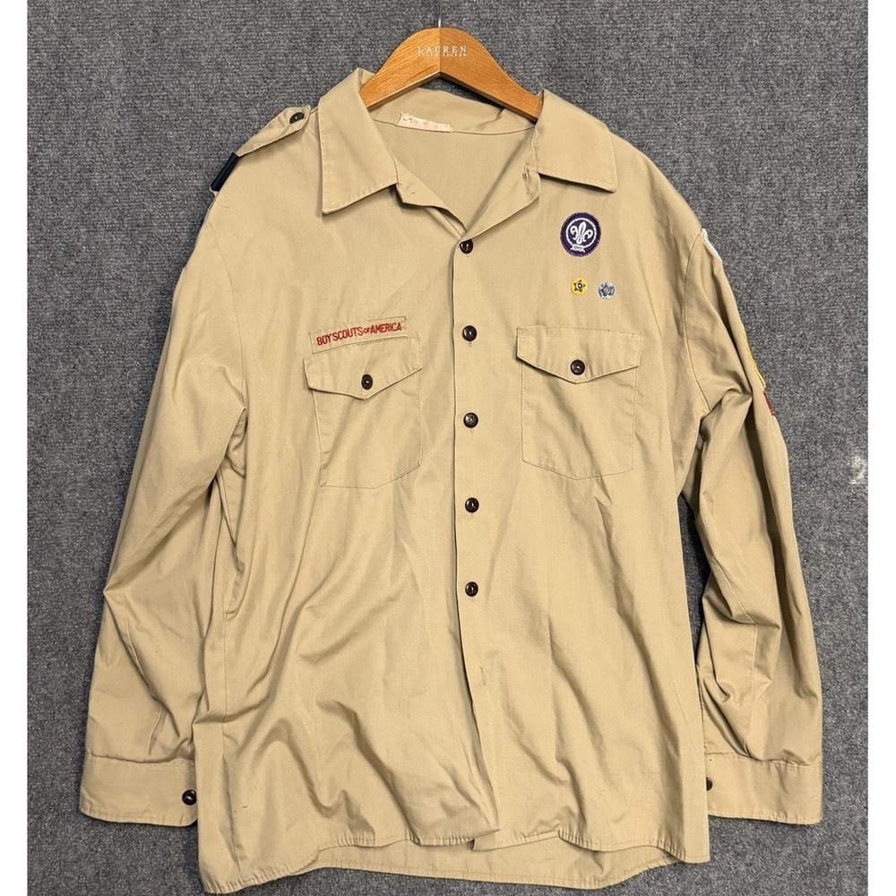 VINTAGE Boy Scouts of America Uniform Long Sleeve Shirt w/ Patches Adult X-Large